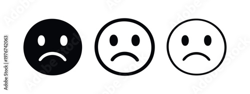 Sad face emoji icon set. Unhappy expression symbol in different styles.