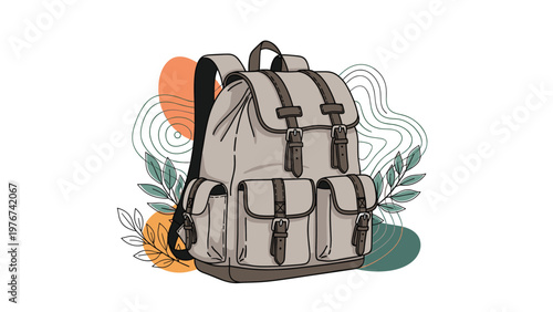 Stylish canvas backpack with multiple pockets and straps against a background of abstract shapes and leaves.