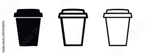 Reusable coffee cup icon set. Eco-friendly tumbler symbol for hot drinks in different styles.