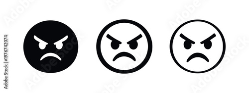 Angry face emoji icon set. Furious expression symbol in different styles.