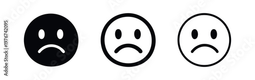 Sad face emoji icon set. Unhappy expression symbol in different styles.