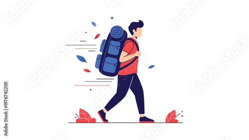 Active man with a large backpack walking energetically with falling leaves and speed lines in a landscape.