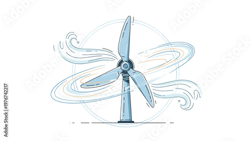 Modern wind turbine generating renewable energy with stylized wind patterns and a simple circular frame.