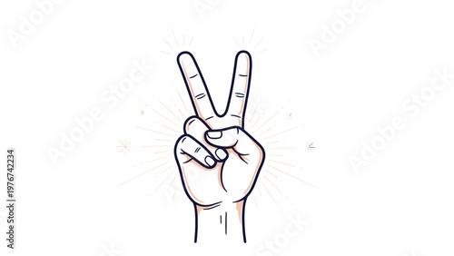 Detailed hand gesture showing the peace sign or V for victory symbol with radiating bright decorative lines.