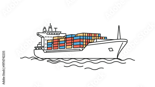 Large cargo ship loaded with colorful shipping containers traveling across the ocean waves during transit.