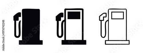 Set of three gas station pump icons: solid black, outline with fill, and outline.