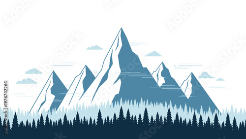 Scenic panoramic view of majestic blue mountain peaks rising above a dense and dark evergreen pine forest.