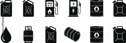 Collection of black icons related to fuel and gas stations with gas station