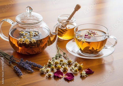 Herbal Chamomile Tea Set with Honey and Flowers on Wooden Table