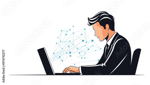 Professional businessman working on a laptop with blue abstract digital network nodes connecting from the computer screen.