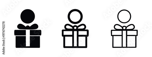 Set of three gift box icons with person silhouette: solid black, outline with fill, and outline.