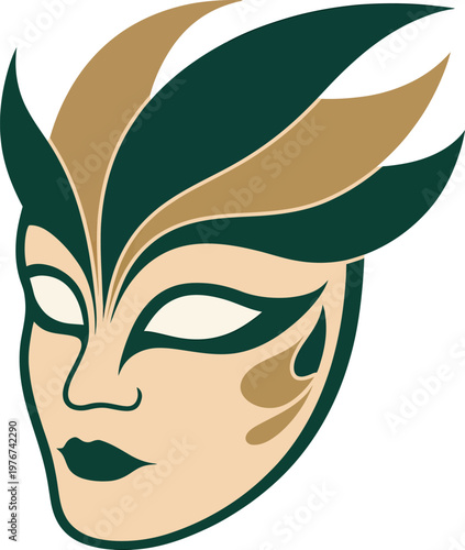 Elegant venetian masquerade mask with green and gold ornate details