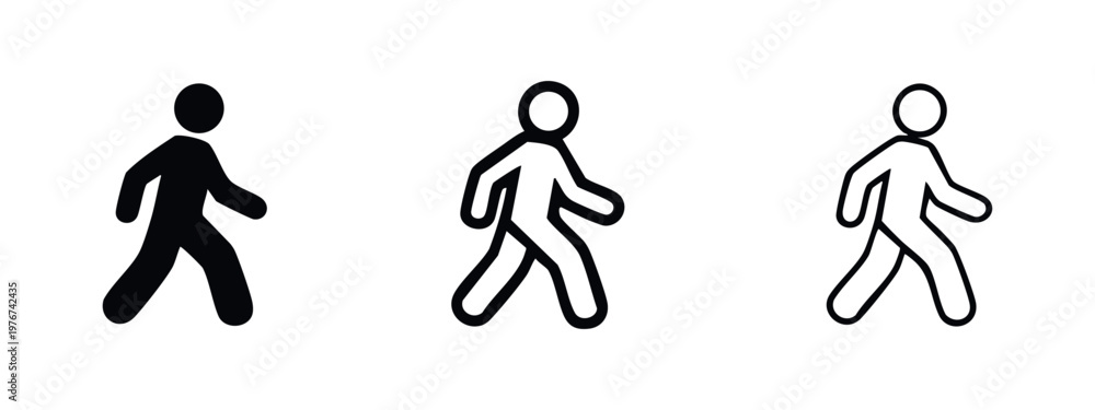 Fototapeta premium Three walking person icons: solid black, outline with fill, and simple outline