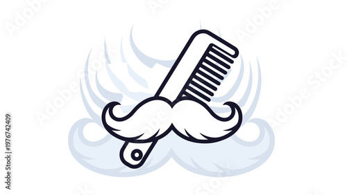 Stylish mustache and hair comb icon representing barber shop services and men grooming on a decorative cloud background.