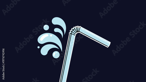 Blue flexible drinking straw on a dark background with light blue water splashes or bubbles around the top bend.