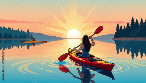 Kayaking at Sunrise on Calm Lake with Sunburst Vector