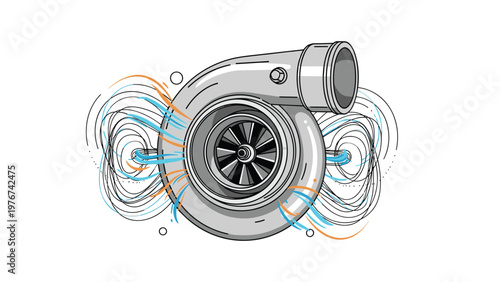 High performance car turbocharger with swirling airflow lines and colorful abstract patterns showing air compression.