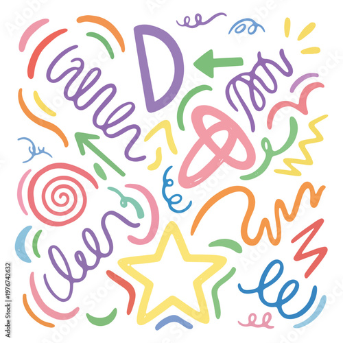 Abstract party doodle design element set colorful, hand drawn birthday celebration decorative line art style.
