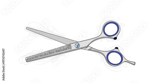 Professional metal thinning scissors for hair cutting with blue handle inserts and artistic decorative flowing lines.