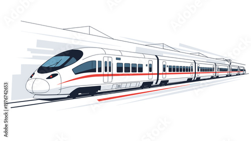 Sleek high-speed modern passenger train traveling quickly along tracks with motion lines on a clean white background.