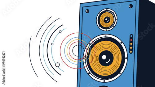 High quality blue audio speaker blasting loud music with colorful concentric sound waves vibrating from the driver.