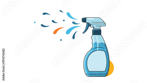 Blue plastic spray bottle emitting a mist of liquid droplets representing cleaning products or gardening spray.