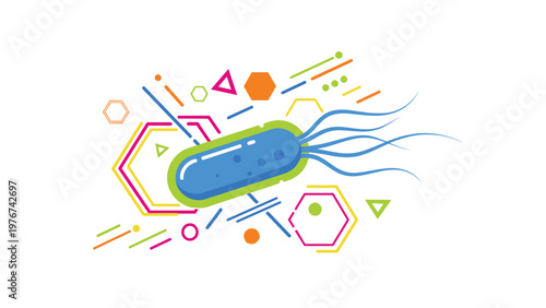 Single colorful microscopic bacteria or virus cell with flagella surrounded by abstract geometric science symbols.