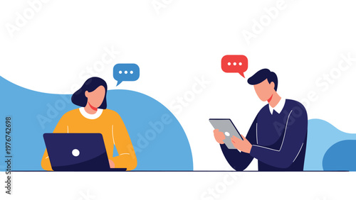 Man and woman working on electronic devices like a laptop and tablet with speech bubbles representing remote collaboration.