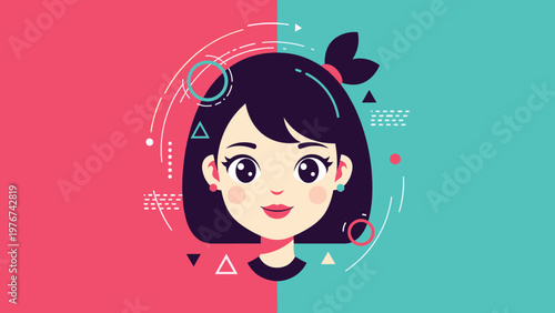 Symmetrical portrait of a cute young girl with black hair and hair bow on a pink and blue split color background.