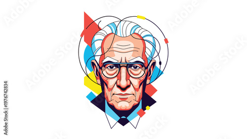 Stylized portrait of an elderly distinguished man with glasses and gray hair on a colorful geometric background.