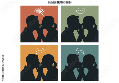 Set of Retro Flat Design Silhouettes of People Whispering Secrets and Gossiping. Minimalist Conceptual Illustrations of Man and Woman Sharing Rumors and Private Conversations.