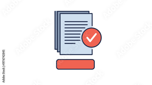 Document verification icon showing a stack of papers with a red checkmark symbol and a button for approval or completion process.