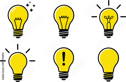 Collection of yellow light bulb icons symbolizing ideas with start up, white