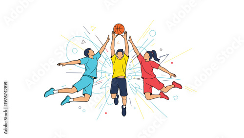 Energetic group of diverse athletes jumping high to catch a basketball against a vibrant abstract background of colorful lines and shapes.