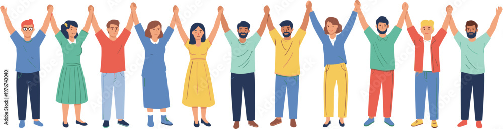 Fototapeta premium Diverse People Holding Hands And Raising Arms Vector Set Featuring Men And Women For Community Support Teamwork And Unity Graphic Designs