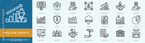 Employee Growth icon set.Compliance Shield, Partnership Deal, Voting Rights, Ownership Transfer and Contract Signature