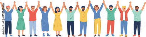 Diverse People Holding Hands And Raising Arms Vector Set Featuring Men And Women For Community Support Teamwork And Unity Graphic Designs