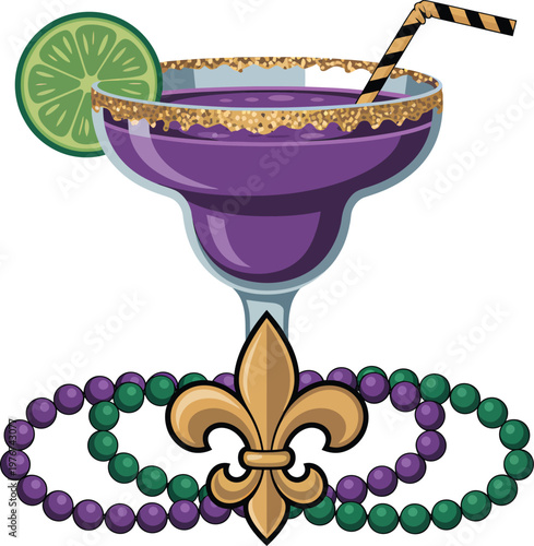 Mardi gras cocktail with purple drink, lime slice, straw, gold sugar rim, fleur de lis symbol and colorful beaded necklace