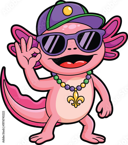 Cool cartoon axolotl character wearing sunglasses and a cap with a fleurdelis necklace