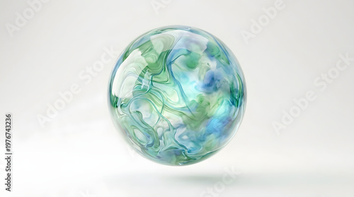Transparent glass sphere with organic green fluid patterns and soft light reflections, eco innovation concept isolated background