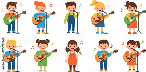 Cute Children Musicians Vector Set Featuring Little Boys And Girls Playing Guitar And Singing Into Microphone For Music Education Graphic Designs
