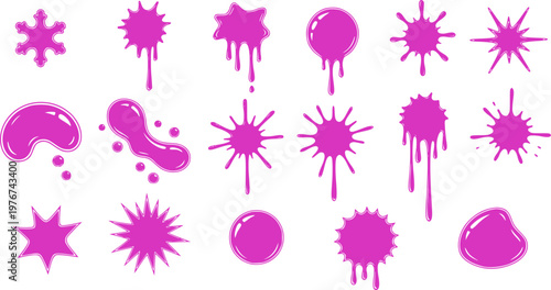 Pink ink blots. Pink paint splatters and drips in organic splashes. Contrast, playful, bold abstract graffiti spots for kids art blobs, comics, pop art design. Vector isolated set. Transparent EPS.