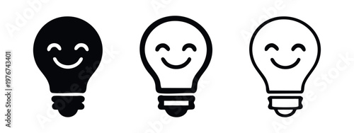 Happy lightbulb icons: solid, outline, and detailed outline