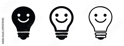 Happy lightbulb icons: solid, outline, and detailed outline