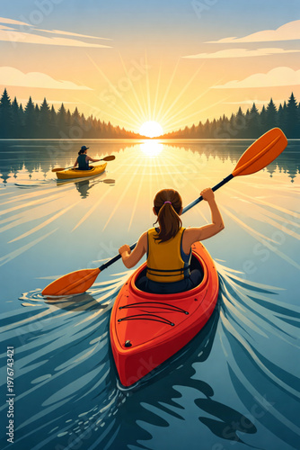 Kayakers Paddling on Still Water at Dawn Illustration