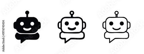 Happy robot head icons with speech bubble, different styles