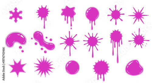 Pink ink blots. Pink paint splatters and drips in organic splashes. Contrast, playful, bold abstract graffiti spots for kids art blobs, comics, pop art design. Vector isolated set. Transparent SVG.