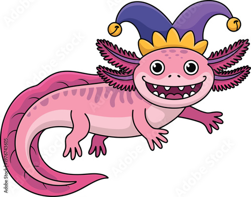 Cute cartoon axolotl character wearing a colorful jester hat with bells