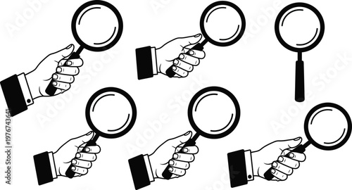 Hands in suits holding magnifying glasses for search and discovery with magnifying