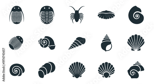 Prehistoric Paleozoic Marine Fossils and Sea Shell Silhouettes Vector Illustration Set
